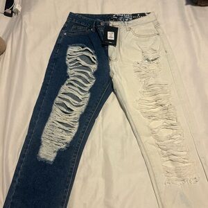 Fashion Nova Blue and Cream Boyfriend Jeans Distressed Style